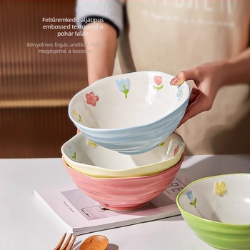 Porcelános tál tészta-/leves számára, virágos mintával, kör alakú forma, mikrohullámú sütőben használható, alglazúros felület