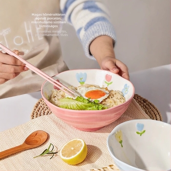 Porcelános tál tészta-/leves számára, virágos mintával, kör alakú forma, mikrohullámú sütőben használható, alglazúros felület