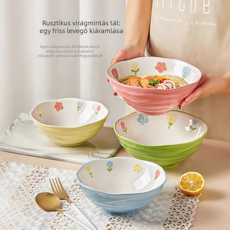 Porcelános tál tészta-/leves számára, virágos mintával, kör alakú forma, mikrohullámú sütőben használható, alglazúros felület