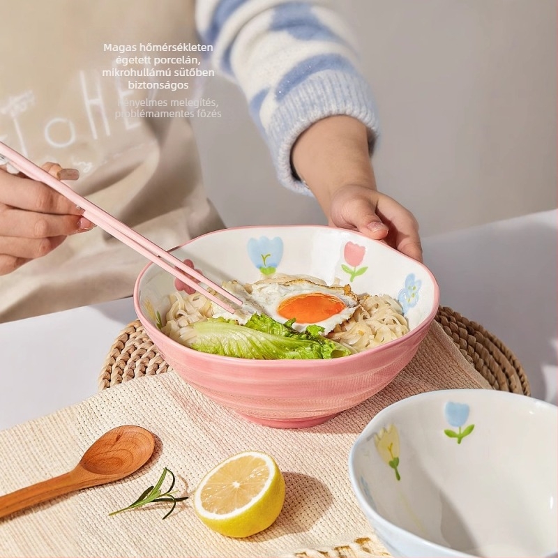 Porcelános tál tészta-/leves számára, virágos mintával, kör alakú forma, mikrohullámú sütőben használható, alglazúros felület