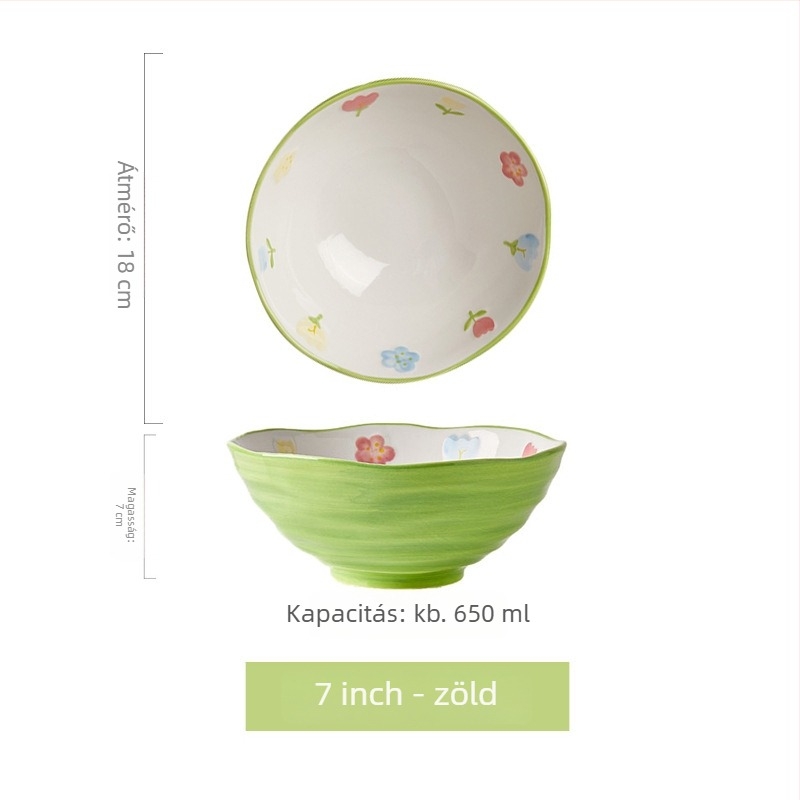 Porcelános tál tészta-/leves számára, virágos mintával, kör alakú forma, mikrohullámú sütőben használható, alglazúros felület