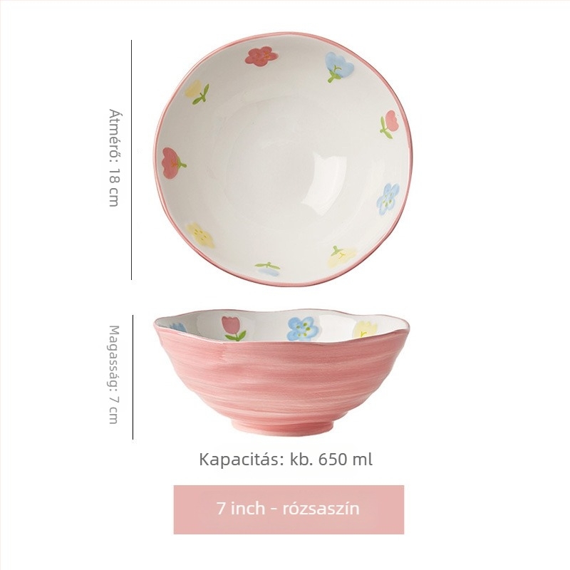 Porcelános tál tészta-/leves számára, virágos mintával, kör alakú forma, mikrohullámú sütőben használható, alglazúros felület