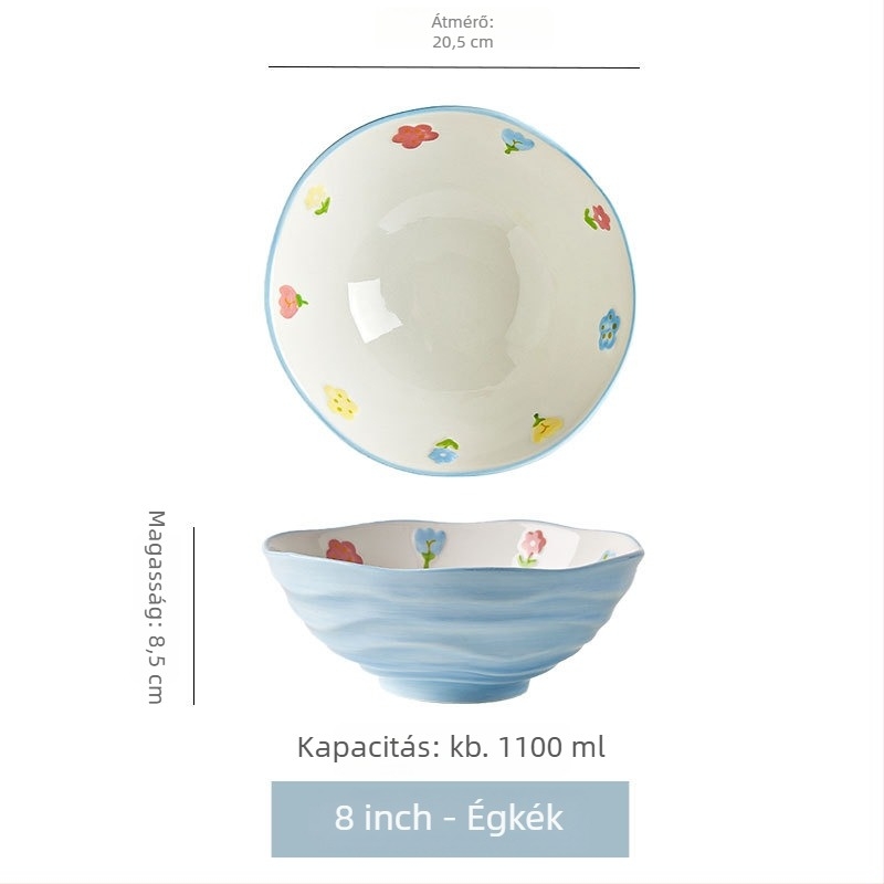 Porcelános tál tészta-/leves számára, virágos mintával, kör alakú forma, mikrohullámú sütőben használható, alglazúros felület