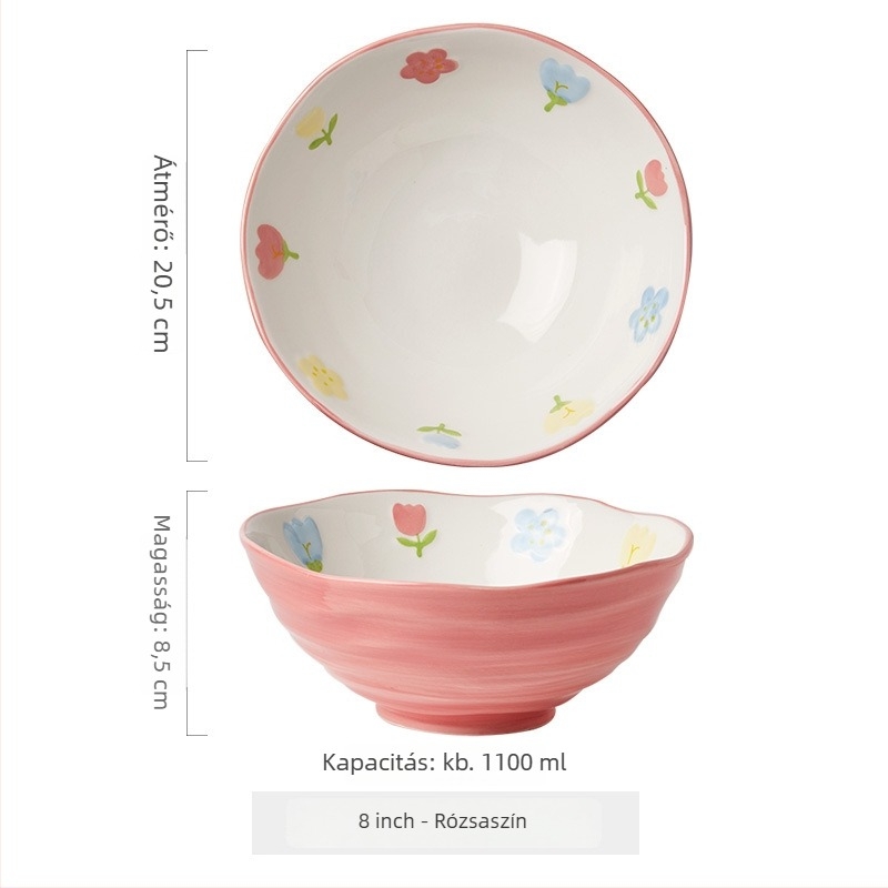 Porcelános tál tészta-/leves számára, virágos mintával, kör alakú forma, mikrohullámú sütőben használható, alglazúros felület