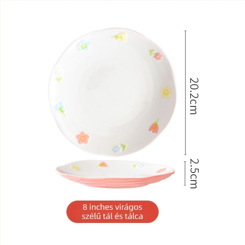 Porcelános tál tészta-/leves számára, virágos mintával, kör alakú forma, mikrohullámú sütőben használható, alglazúros felület