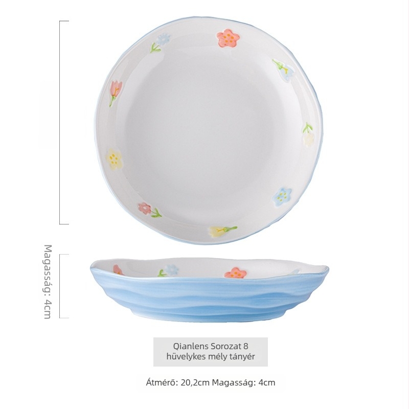 Porcelános tál tészta-/leves számára, virágos mintával, kör alakú forma, mikrohullámú sütőben használható, alglazúros felület