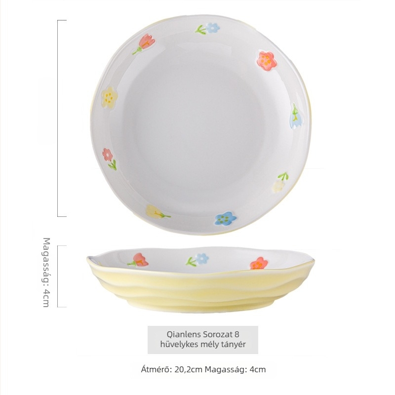 Porcelános tál tészta-/leves számára, virágos mintával, kör alakú forma, mikrohullámú sütőben használható, alglazúros felület
