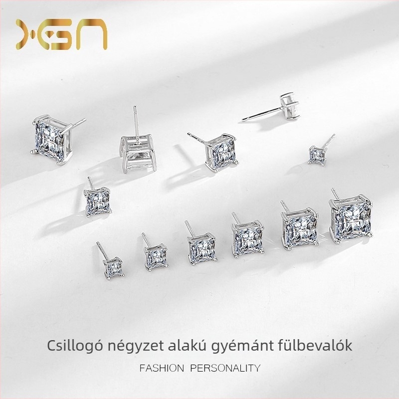 925-ös Sterling ezüst fülbevalók, négyszögletes gyémánt Princes-stílus, négy karom beállítás, uniszex, minimalist, szintetikus gyémánt