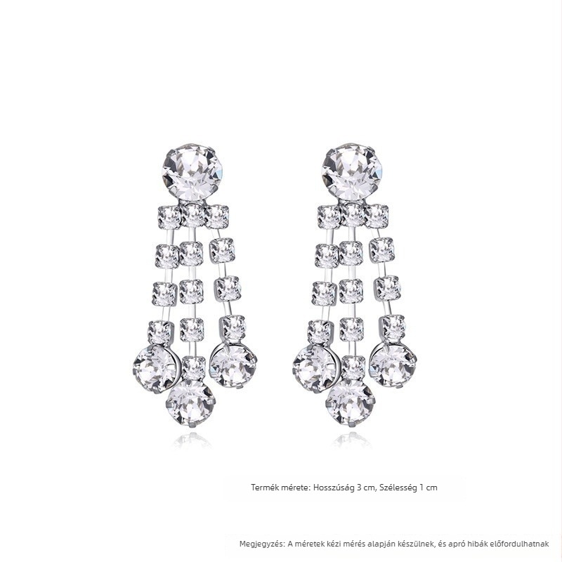 Fülbevalók - Geometrikus, három soros gradációs kristály bojtos fülbevaló, 925 ezüst, elektroplattált, könnyed luxus stílus