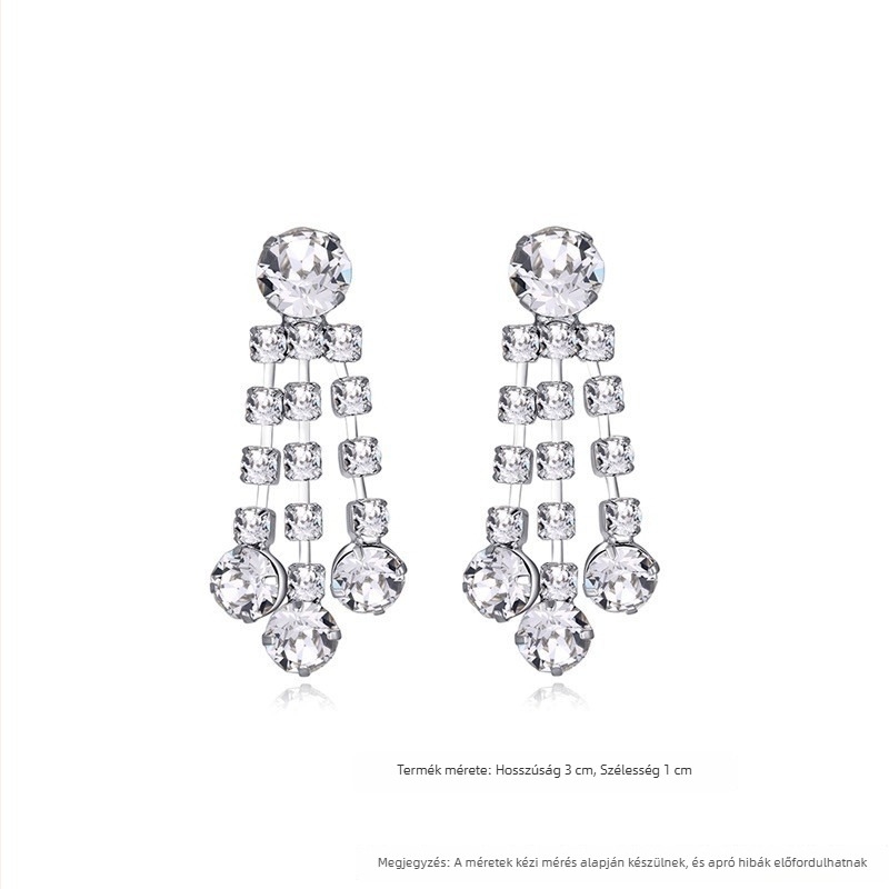 Fülbevalók - Geometrikus, három soros gradációs kristály bojtos fülbevaló, 925 ezüst, elektroplattált, könnyed luxus stílus