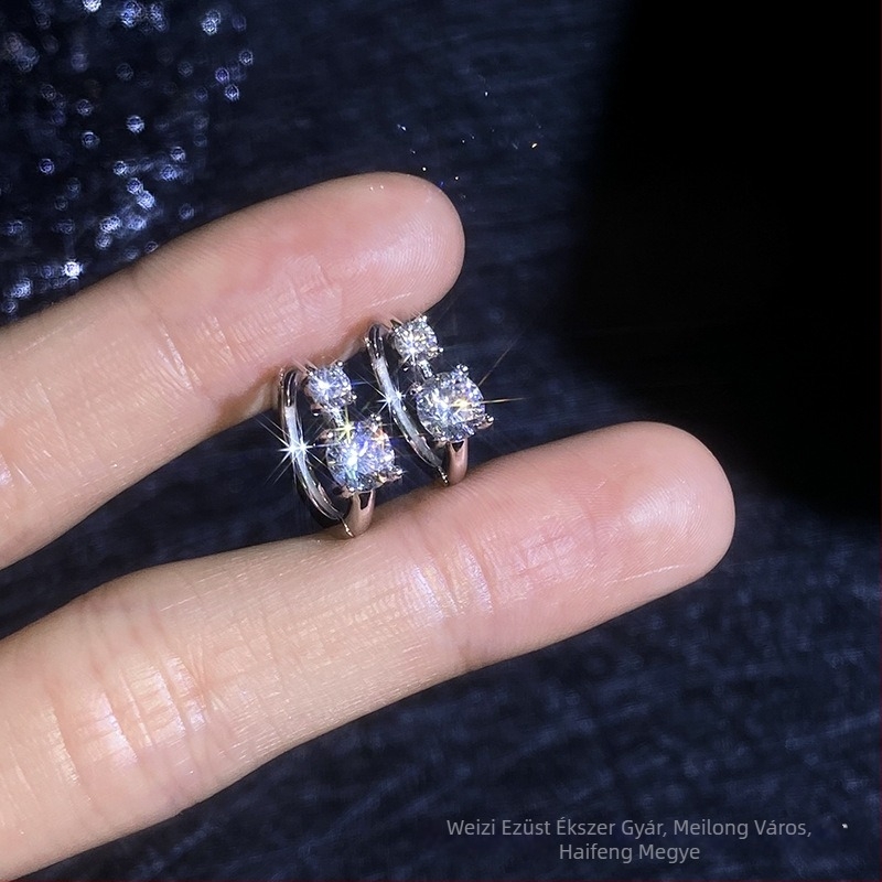Moissanite fülbevalók, ezüst 925, négykaros rögzítés, csillogó kövek, geometriai tündér stílus