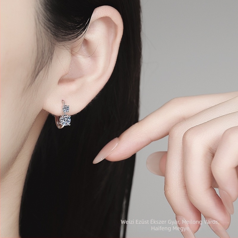 Moissanite fülbevalók, ezüst 925, négykaros rögzítés, csillogó kövek, geometriai tündér stílus