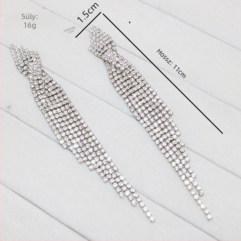Fülbevalók - strasszos, geometriai kialakítás, hosszú bojt, nőknek