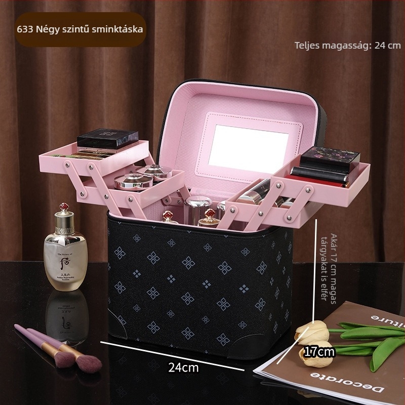 Többszintes, hordozható sminktáska, nagy kapacitású PVC anyagú, tükrös