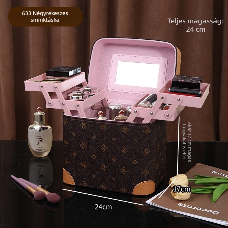 Többszintes, hordozható sminktáska, nagy kapacitású PVC anyagú, tükrös