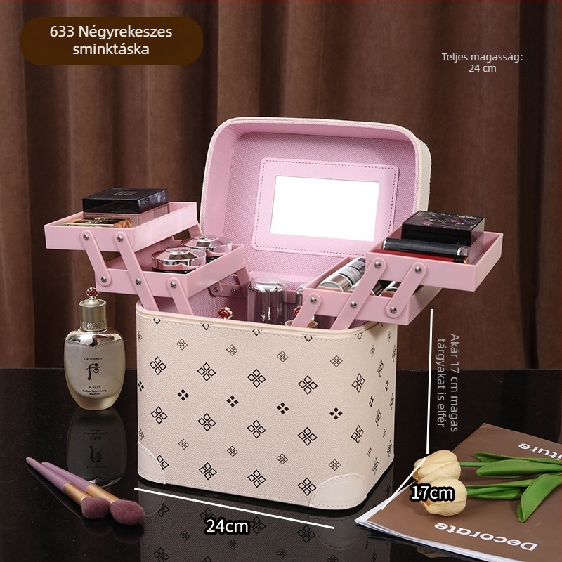 Többszintes, hordozható sminktáska, nagy kapacitású PVC anyagú, tükrös