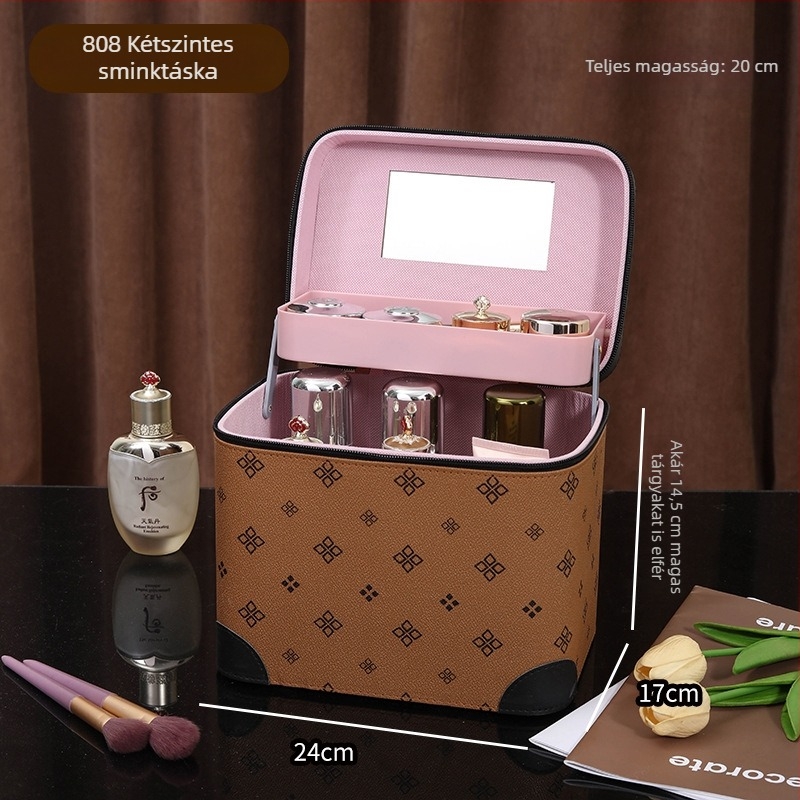 Többszintes, hordozható sminktáska, nagy kapacitású PVC anyagú, tükrös