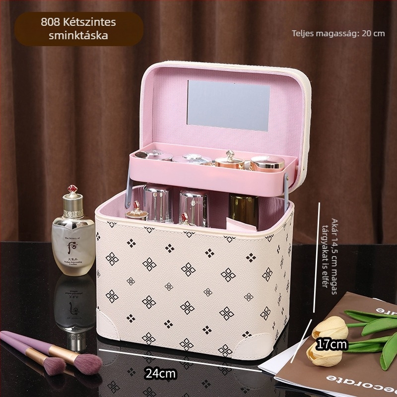 Többszintes, hordozható sminktáska, nagy kapacitású PVC anyagú, tükrös