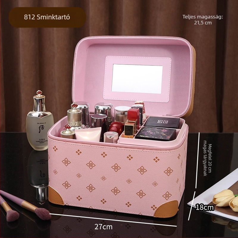 Többszintes, hordozható sminktáska, nagy kapacitású PVC anyagú, tükrös