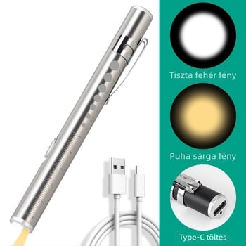 Kézben tartható orvosi vizsgálati toll kettős fényforrással, USB töltés, rozsdamentes acél burkolat, modell FA201B-1