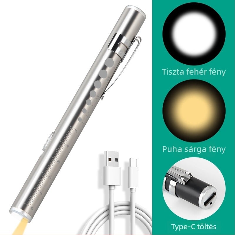 Kézben tartható orvosi vizsgálati toll kettős fényforrással, USB töltés, rozsdamentes acél burkolat, modell FA201B-1