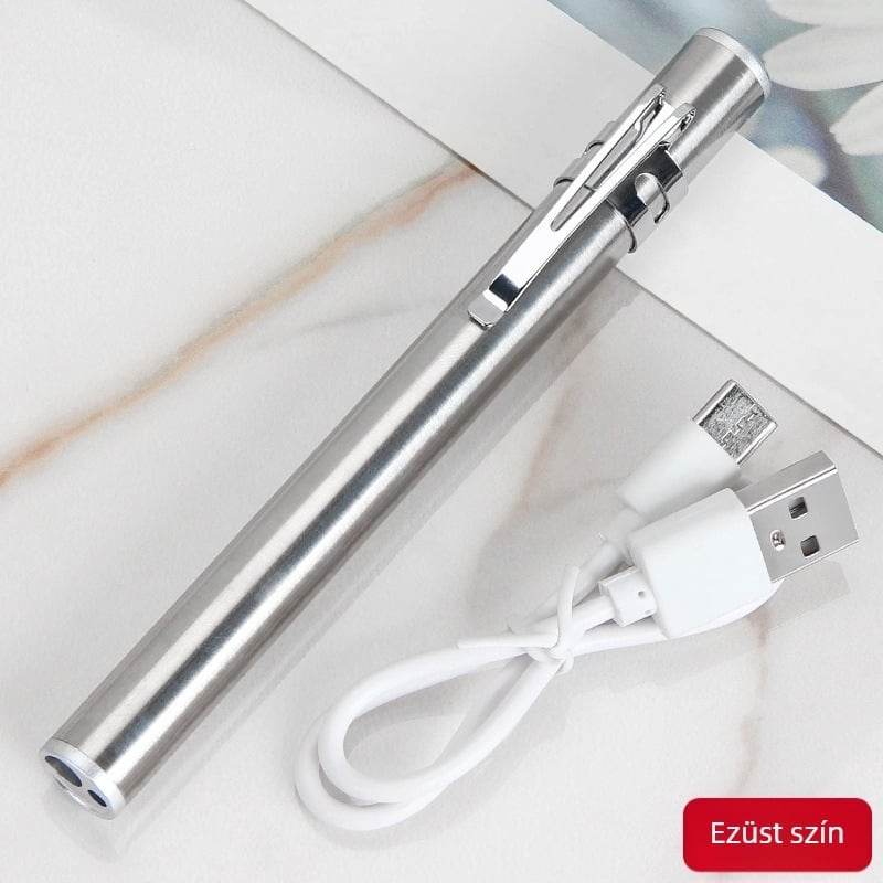 Kézben tartható orvosi vizsgálati toll kettős fényforrással, USB töltés, rozsdamentes acél burkolat, modell FA201B-1