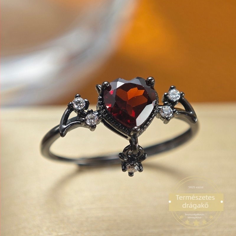 Természetes granát gyűrű, nyitott kialakítás, szív alakú, 925-ös sterling ezüst beállítás, uniszex