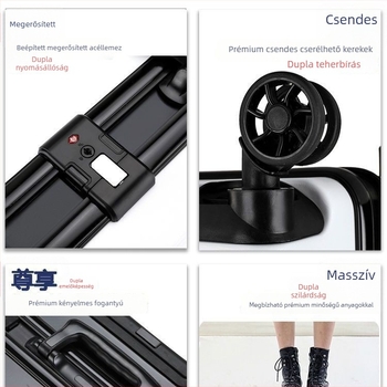 ABS anyagú utazótáska, cipzáras nyitás, USB töltőport, univerzális kerekek, tömeg 4 kg.