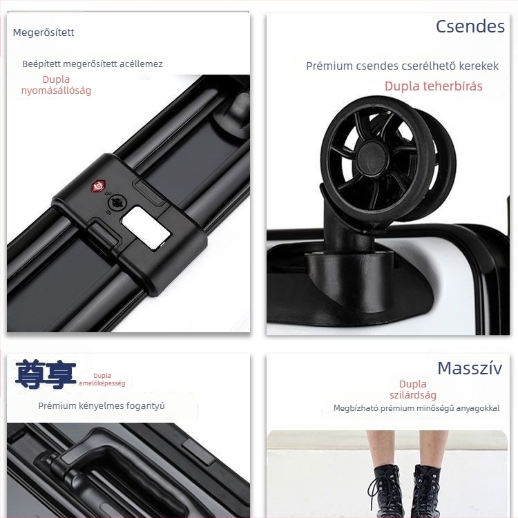 ABS anyagú utazótáska, cipzáras nyitás, USB töltőport, univerzális kerekek, tömeg 4 kg.