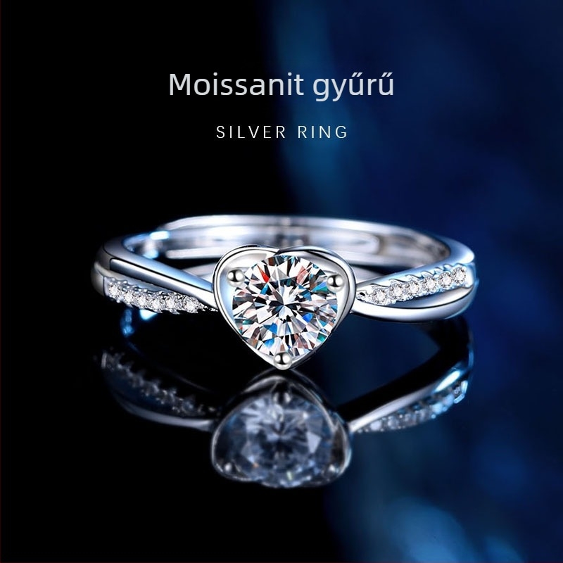 Szív alakú Moissanite gyűrű, 925-ös ezüstből, D színű, eljegyzéshez, női divatos ékszer