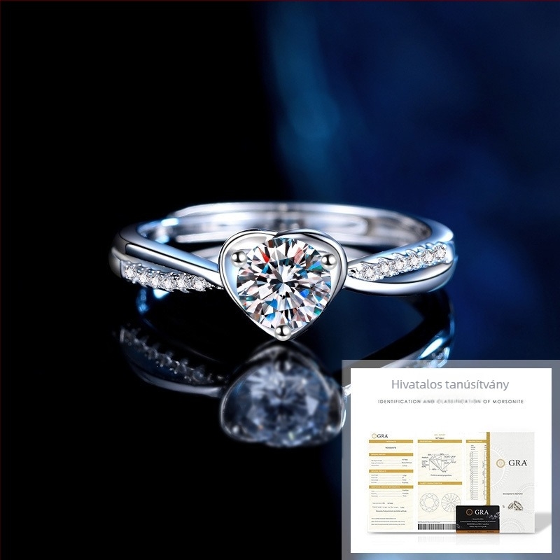 Szív alakú Moissanite gyűrű, 925-ös ezüstből, D színű, eljegyzéshez, női divatos ékszer