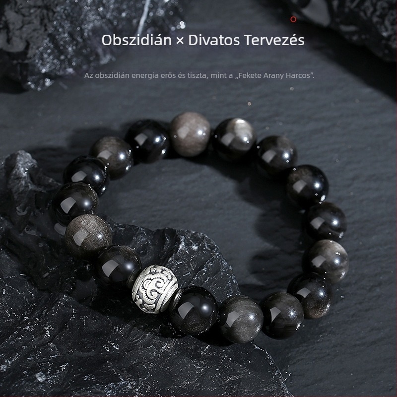 Tychia obsidián férfi karkötő – vintage stílus, distressed felület, beépítés nélküli, 16 darabos készlet