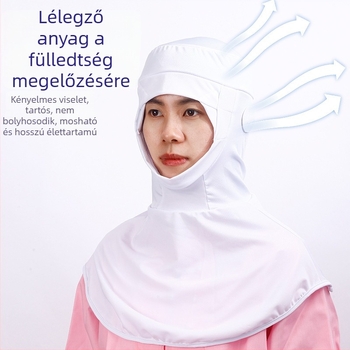 Élelmiszeripari munkavédelmi sapka porvédő kapucnival, elasztikus kendő és fülkapcsokkal, uniszex