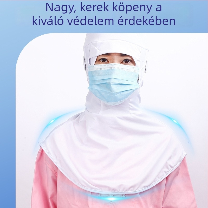 Élelmiszeripari munkavédelmi sapka porvédő kapucnival, elasztikus kendő és fülkapcsokkal, uniszex