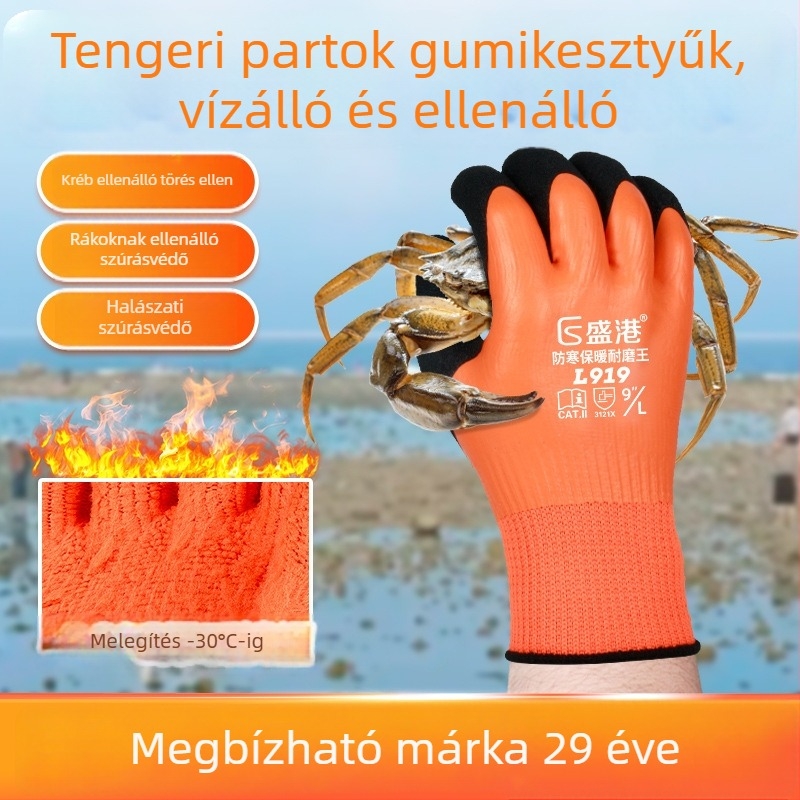 Munkakesztyűk rák- és halfogáshoz – természetes latex bevonattal, gyapjú bélés, vízálló, meleg, átütésálló