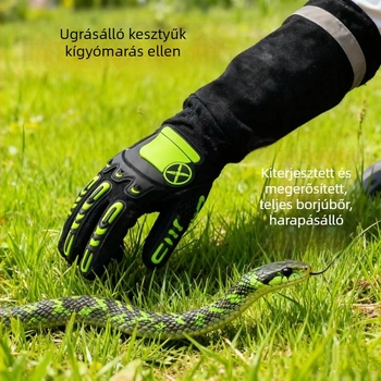Kígyófogó kesztyűk, vastagított, meghosszabbított marhabor, bélés bőrrel, antifogás és antiszúrás védelem, hőálló