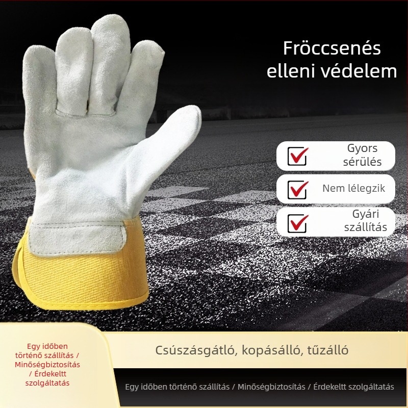Hegesztő védőkesztyűk marhabőrből, teljes tenyérrel, nubuk (szatén), megerősített, csúszásmentes, magas hőállóságú, elektromos építéshez
