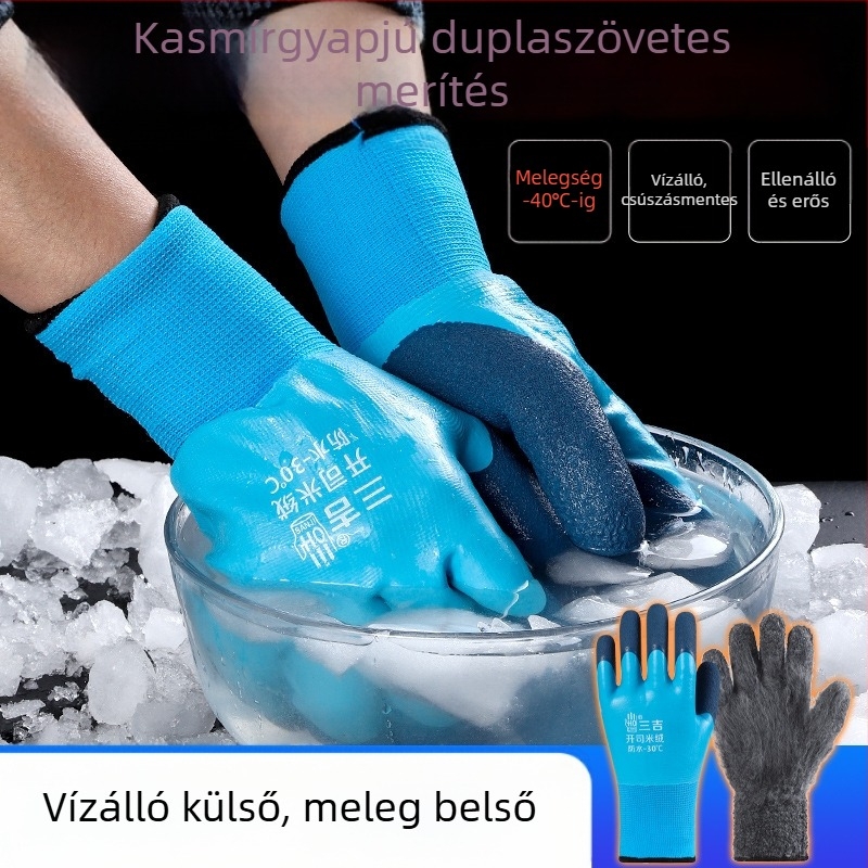 Teljes gumiból készült munkakesztyű – vízálló, perforáció-ellenálló, téli fleece béléses, kopásálló, csúszásmentes hideg tároláshoz és halfeldolgozáshoz.