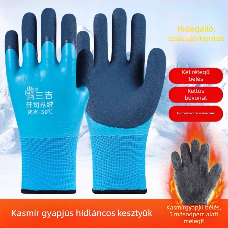 Teljes gumiból készült munkakesztyű – vízálló, perforáció-ellenálló, téli fleece béléses, kopásálló, csúszásmentes hideg tároláshoz és halfeldolgozáshoz.
