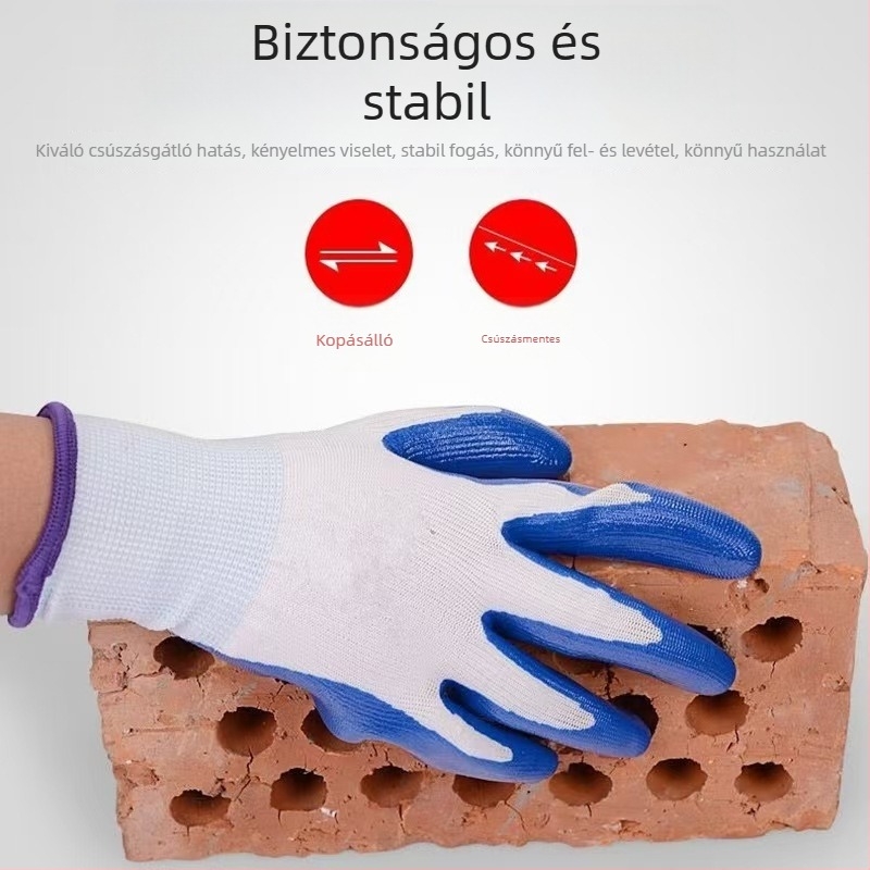Nylon-nitril munkavédelmi kesztyűk, csúszásmentes, kopásálló, gumírozott bevonattal, könnyű kivitel, tömeg 32,5 g