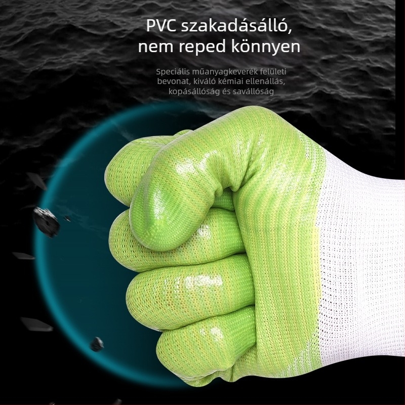 Ipari védő kesztyűk, olajálló, kopásálló, PVC-bevonatú, csúszásmentes és vízálló.