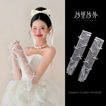 Menyasszonyi kesztyű csipke hálóval, masnival, középhosszú, Office Lady stílusú, esküvői kiegészítő, termékkód 6.16, testreszabás elérhető