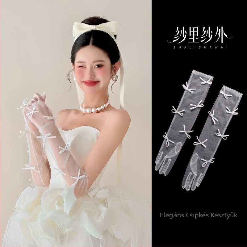 Menyasszonyi kesztyű csipke hálóval, masnival, középhosszú, Office Lady stílusú, esküvői kiegészítő, termékkód 6.16, testreszabás elérhető