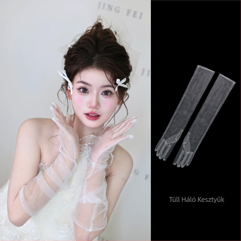 Menyasszonyi kesztyű csipke hálóval, masnival, középhosszú, Office Lady stílusú, esküvői kiegészítő, termékkód 6.16, testreszabás elérhető