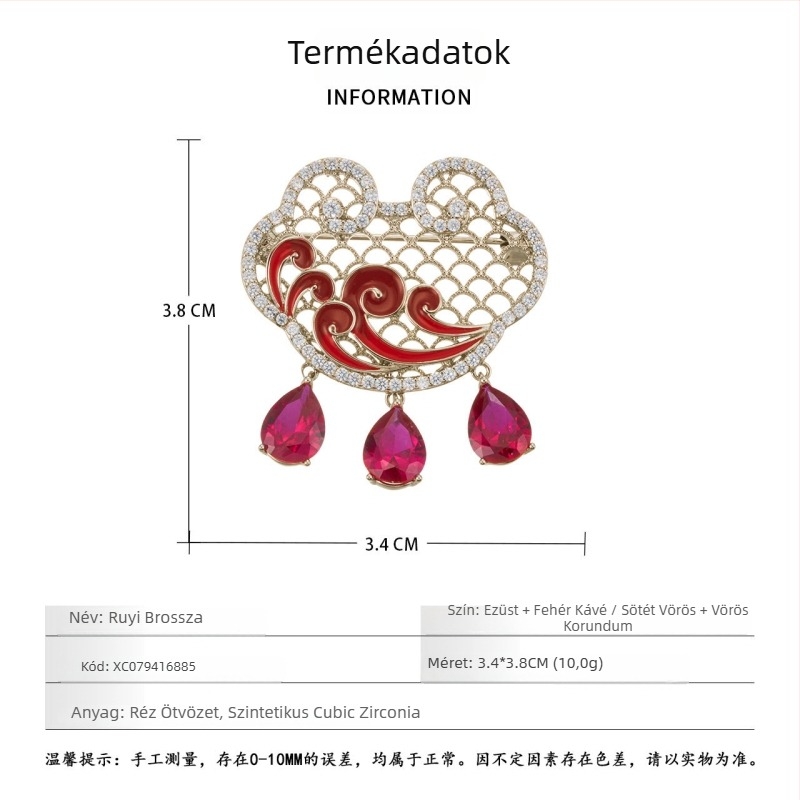 Ruyi alakú brooch rézötvözetből, mikroinlaid cirkóniával és zománccal, nemzeti trend stílus