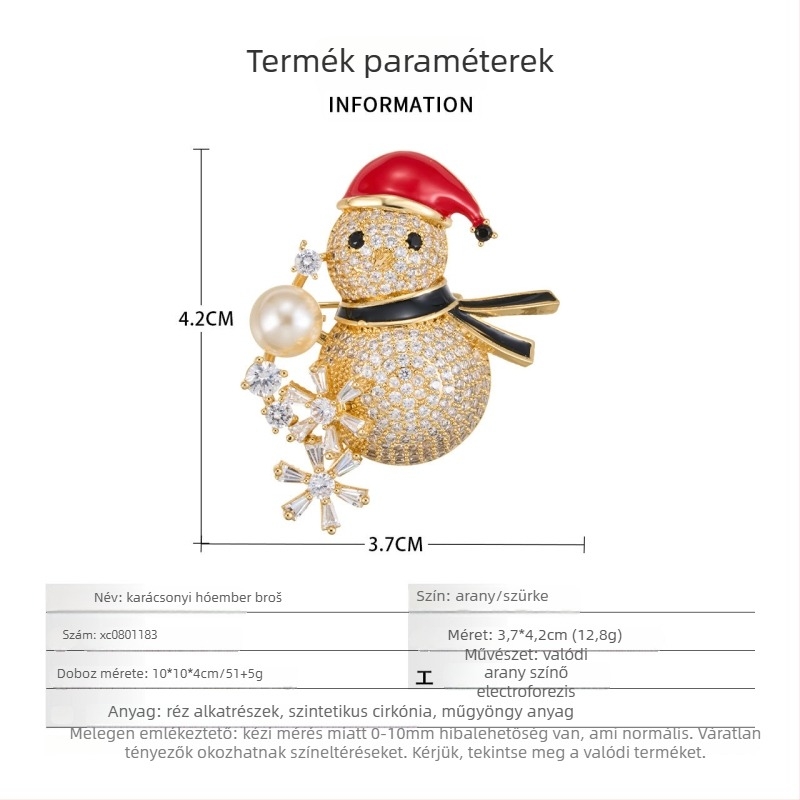 Háromdimenziós hóember brooch cirkóniumbeültetéssel, rézötvözet aranyozott bevonattal, mikro-beállítás, uniszex kiegészítő elegáns stílusban