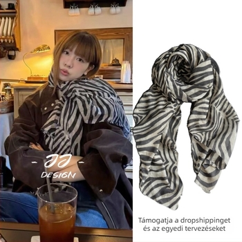 Női zebramintás sál, warp-knit technikával, Vintage könnyű lux, melegen tart, tavasz–ősz (warp knitting; keeps warm; Spring–Autumn; Artificial cotton; JJ)