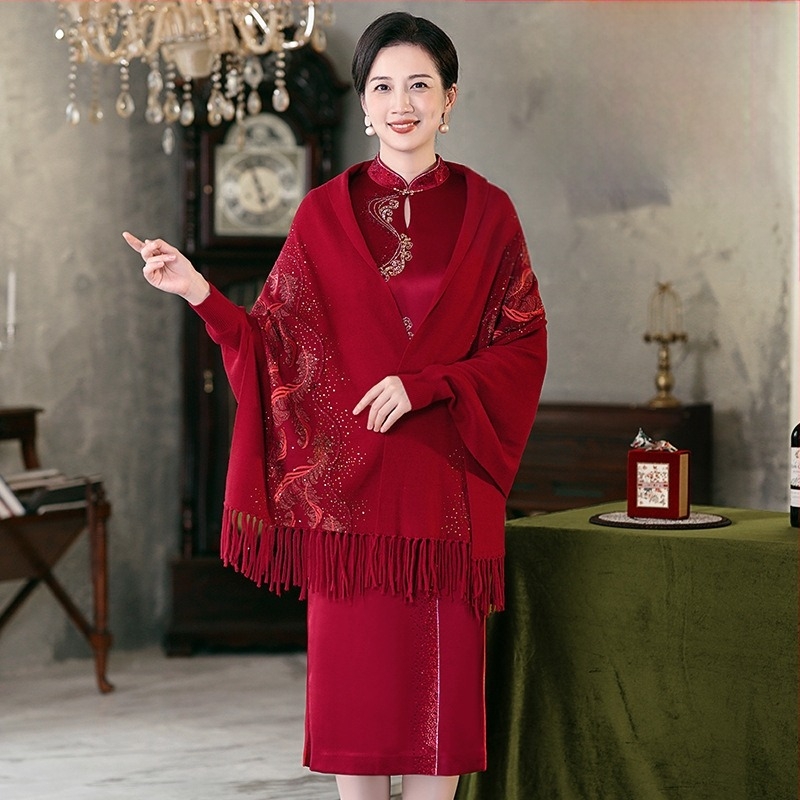 Kötött cheongsam sál-kabát virágos hímzéssel, nemzeti stílus, kevert anyag, kötés, őszi-téli szezonra