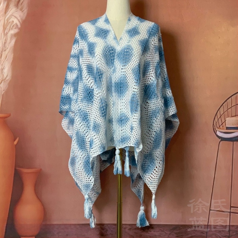 Pamut tie-dye sál retró etnikus mintával, tavasz–ősz, melegen tart