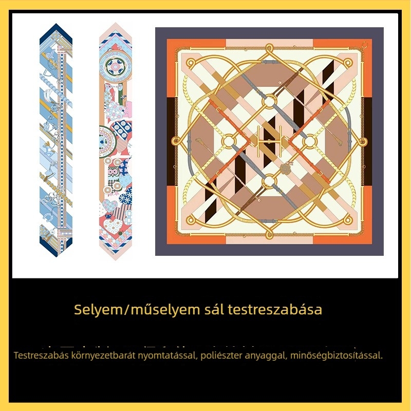 Személyre szabott mesterséges selyem sál nőknek, magas minőségű nyomtatással, kis négyzet alakú sál, hosszú hajpánt, sáv-sál márka logóval